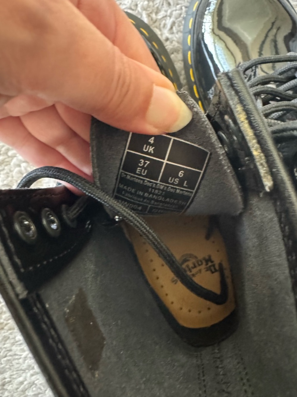 Dr. Martens Black Patent Lace-Up Combat Boots with Yellow Stitching - Picture 4 of 10